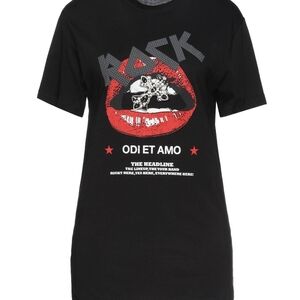 ODI ET AMO Black Graphic T-Shirt with Red Lips Design Jewels and Rhinestones L